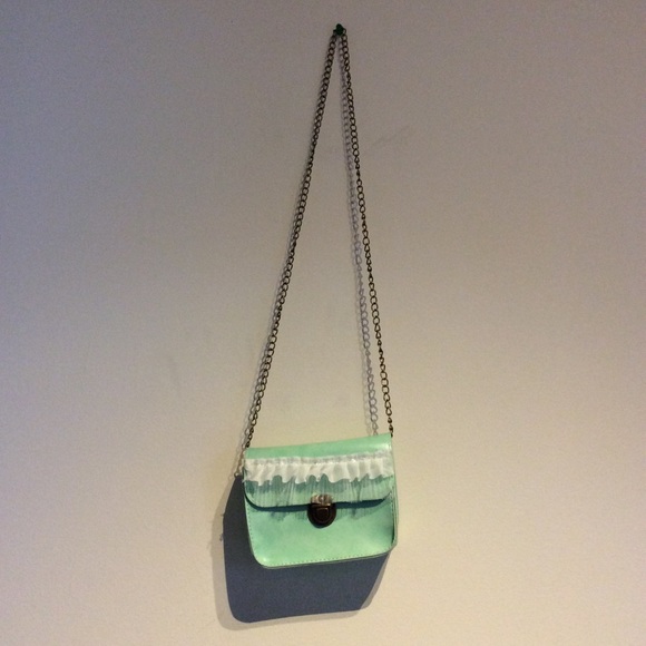 🌸 MINT GREEN CROSS BODY PURSE LONG HANDLES BOHO TOTE CHAIN CASUAL RUFFLE CUTE - Picture 4 of 6